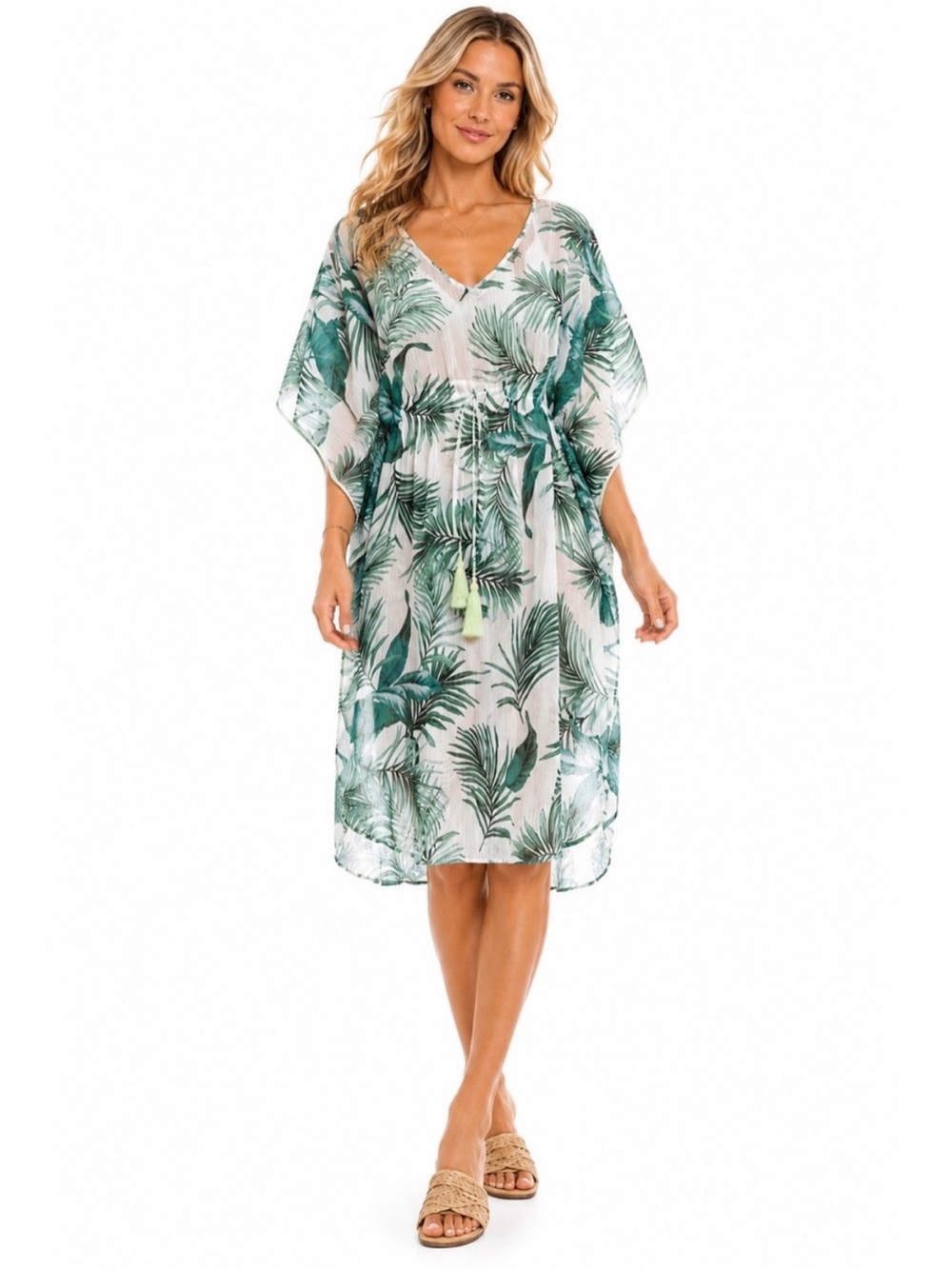 Kona Sol Tropical Palm Leaf Sheer Kaftan Swim Cover-Up Dress Green Size Medium